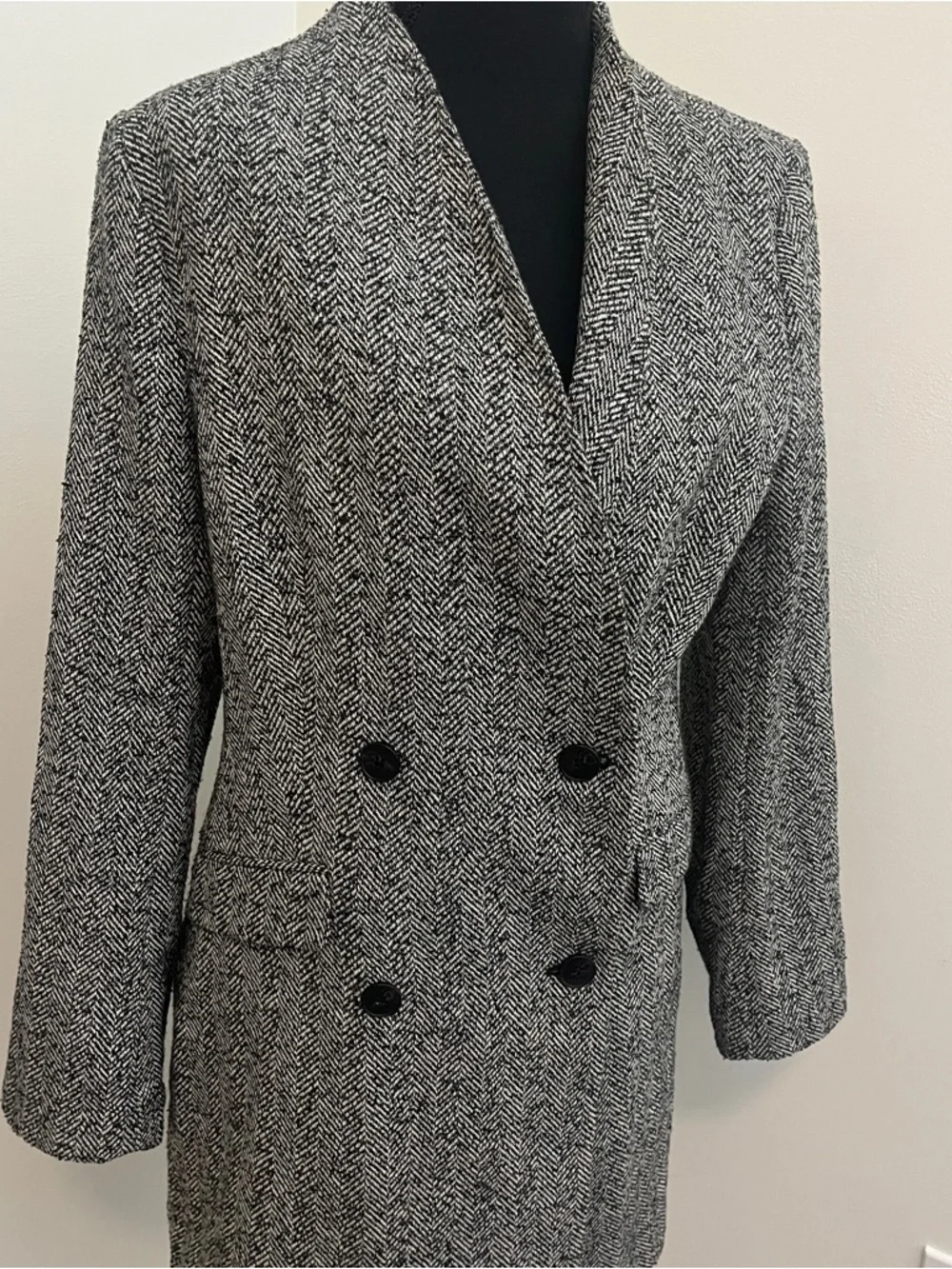 H&M Herringbone Double Breasted Blazer Coat Size M Black‎ White Tweed Wool Blend